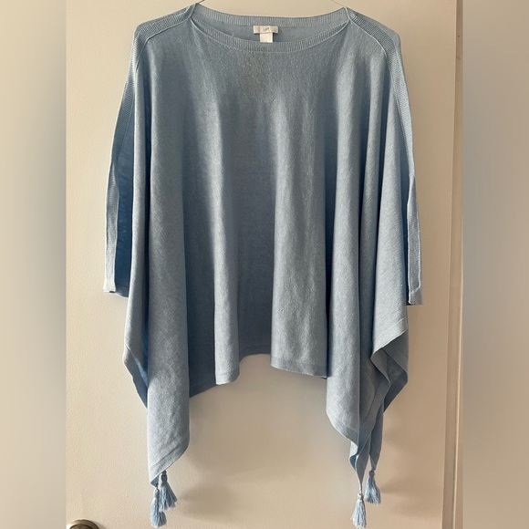 J. Jill Linen-Blend Light Blue Tassel Hem Poncho Top One Size Flowy Boho - Picture 2 of 11